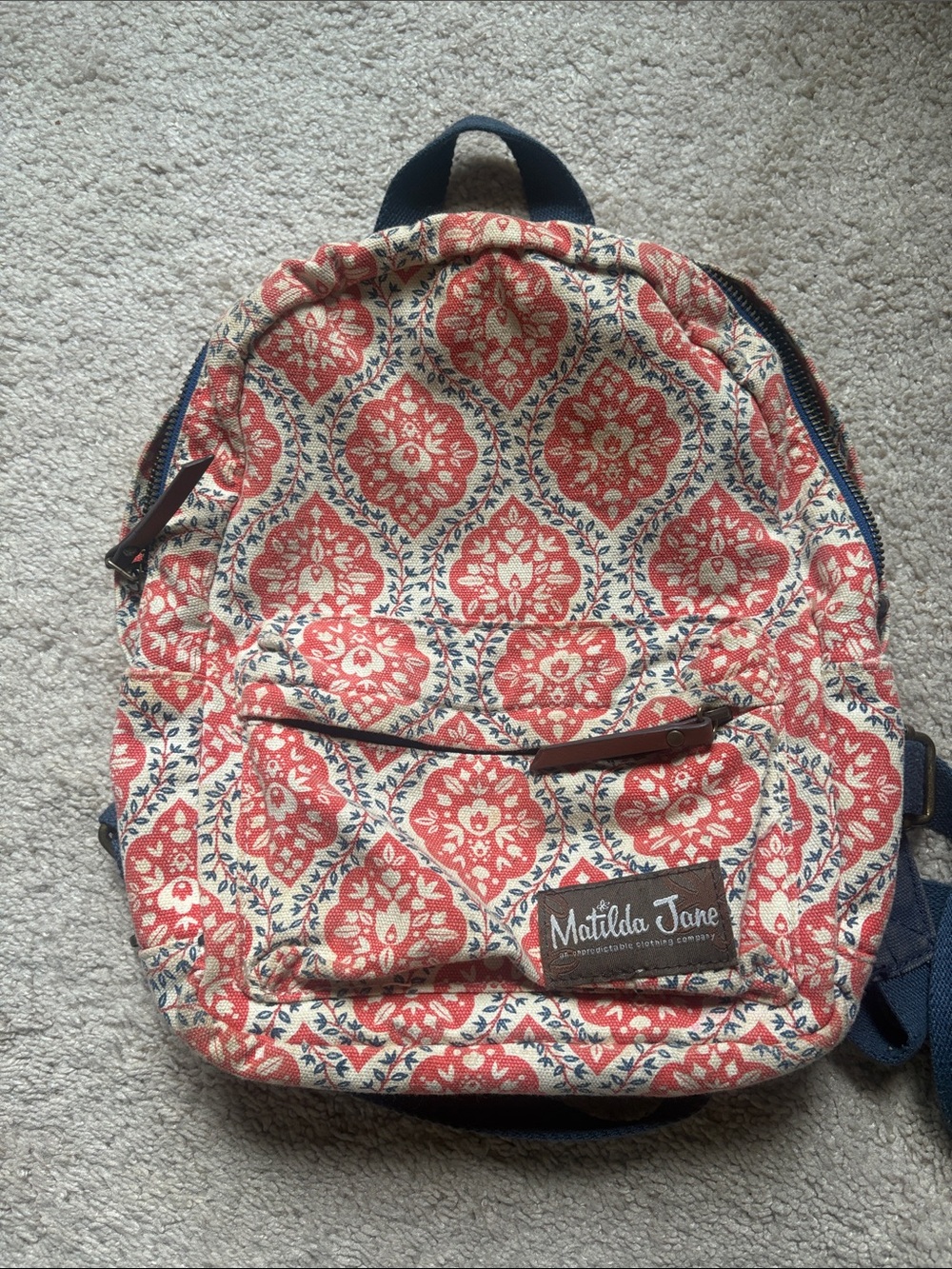 Matilda Jane Cream and Red Floral Canvas Backpack with Navy Trim